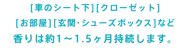 [車のシート下][クローゼット][お部屋][玄関・シューズボックス]など
                    香りは約1〜1.5ヶ月持続します。