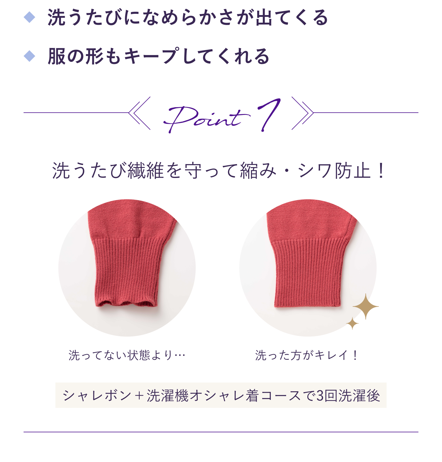洗うたび繊維を守って縮み・シワ防止！